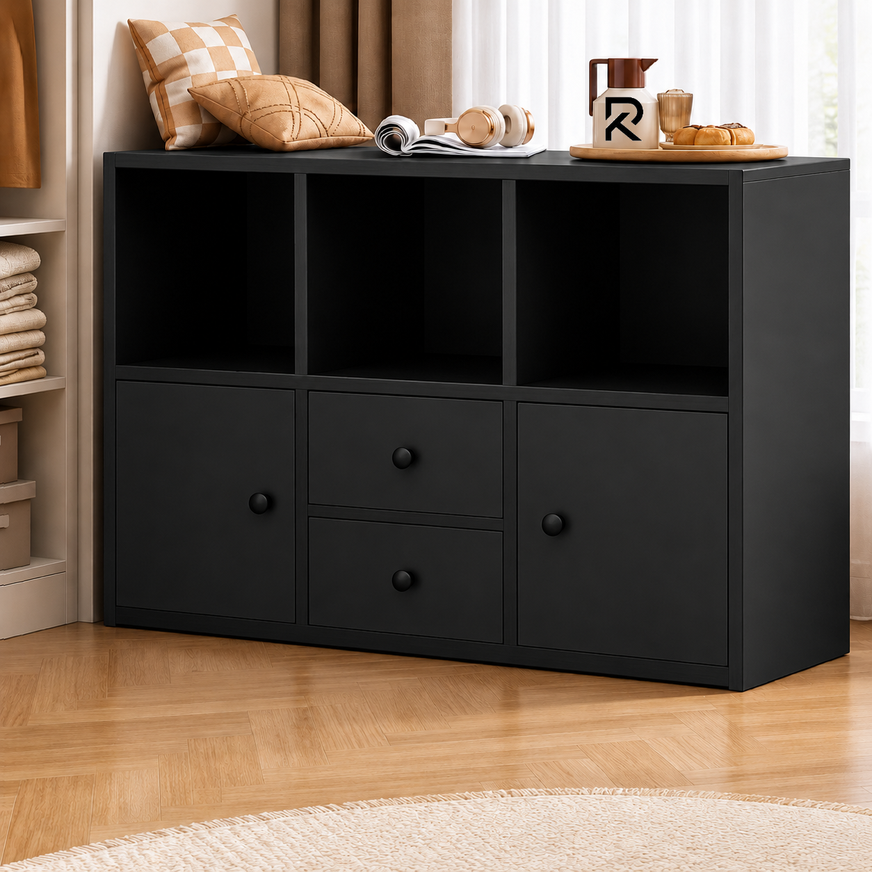 Picture of RK Engineered Wood 6 Layers Bookshelf Storage Cabinet Organizer Shelf Horizontal Multi Storage Space Wooden Rack Display Shelf With 2 Drawers.Size: L36XH24X10