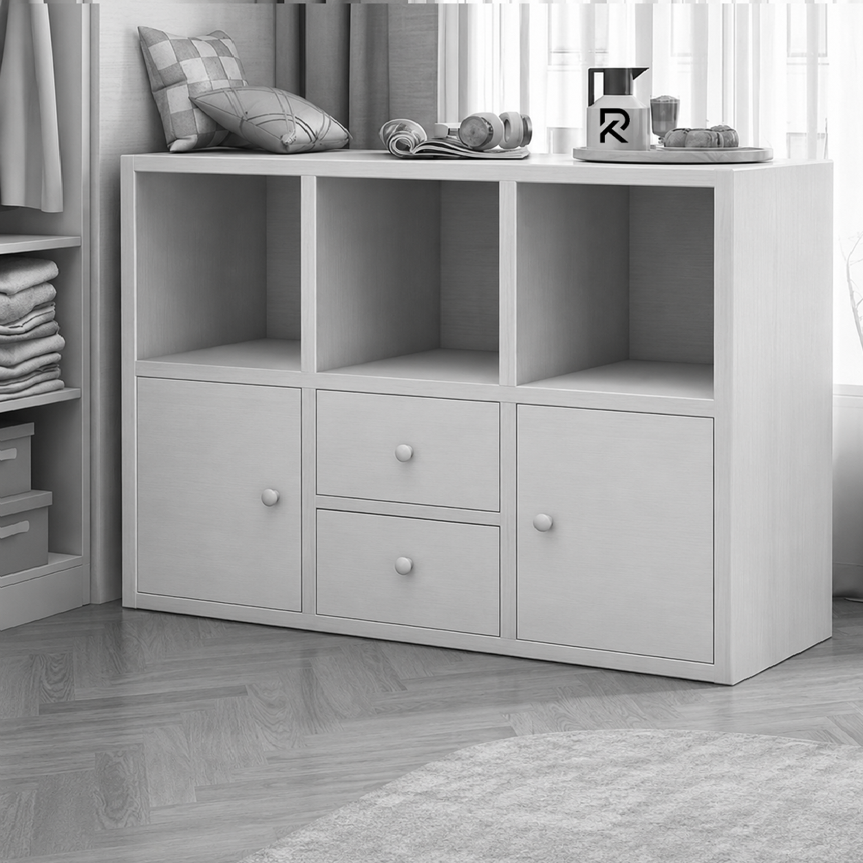 Picture of RK Engineered Wood 6 Layers Bookshelf Storage Cabinet Organizer Shelf Horizontal Multi Storage Space Wooden Rack Display Shelf With 2 Drawers.Size: L36XH24X10