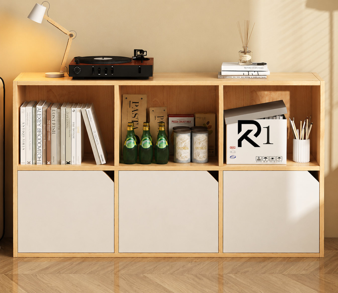 Picture of RK Engineered Wood 6 Layers Knob Less Bookshelf Storage Cabinet Organizer Shelf Horizontal Multi Storage Space Wooden Rack Display Shelf With  Drawers.Size: L36XH24X10