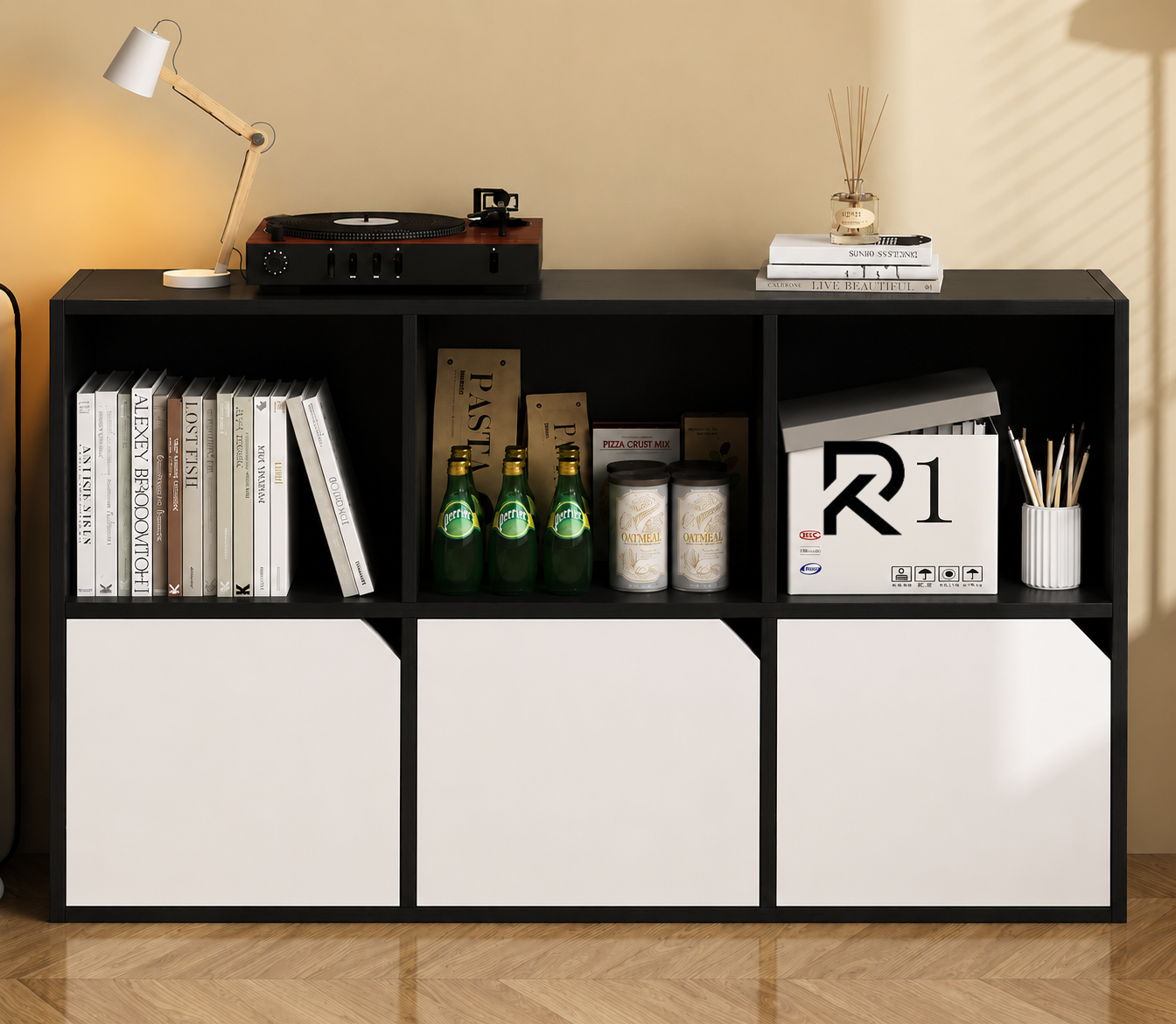 Picture of RK Engineered Wood 6 Layers Knob Less Bookshelf Storage Cabinet Organizer Shelf Horizontal Multi Storage Space Wooden Rack Display Shelf With  Drawers.Size: L36XH24X10