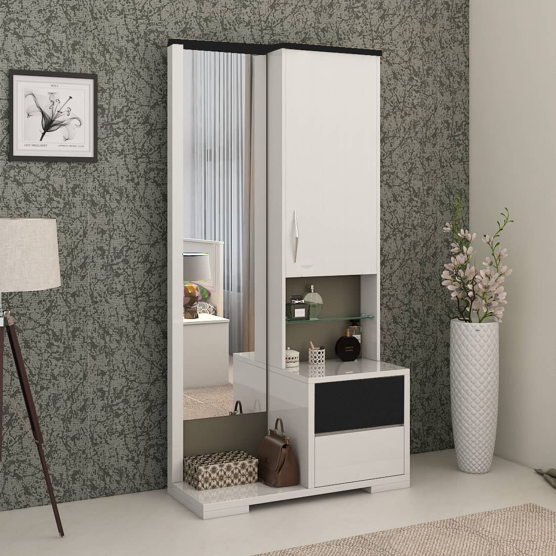Picture of RK White Dressing Table With Shelves and Drawers-White