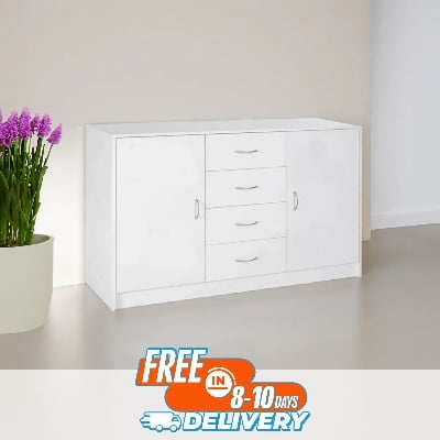 Picture of RK Sideboard, Storage Cabinet with 2 Doors and 4 Drawers, Free Standing Cupboard, Chest Organizer for Kitchen and Living Room, White-White
