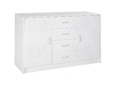 Picture of RK Sideboard, Storage Cabinet with 2 Doors and 4 Drawers, Free Standing Cupboard, Chest Organizer for Kitchen and Living Room, White-White