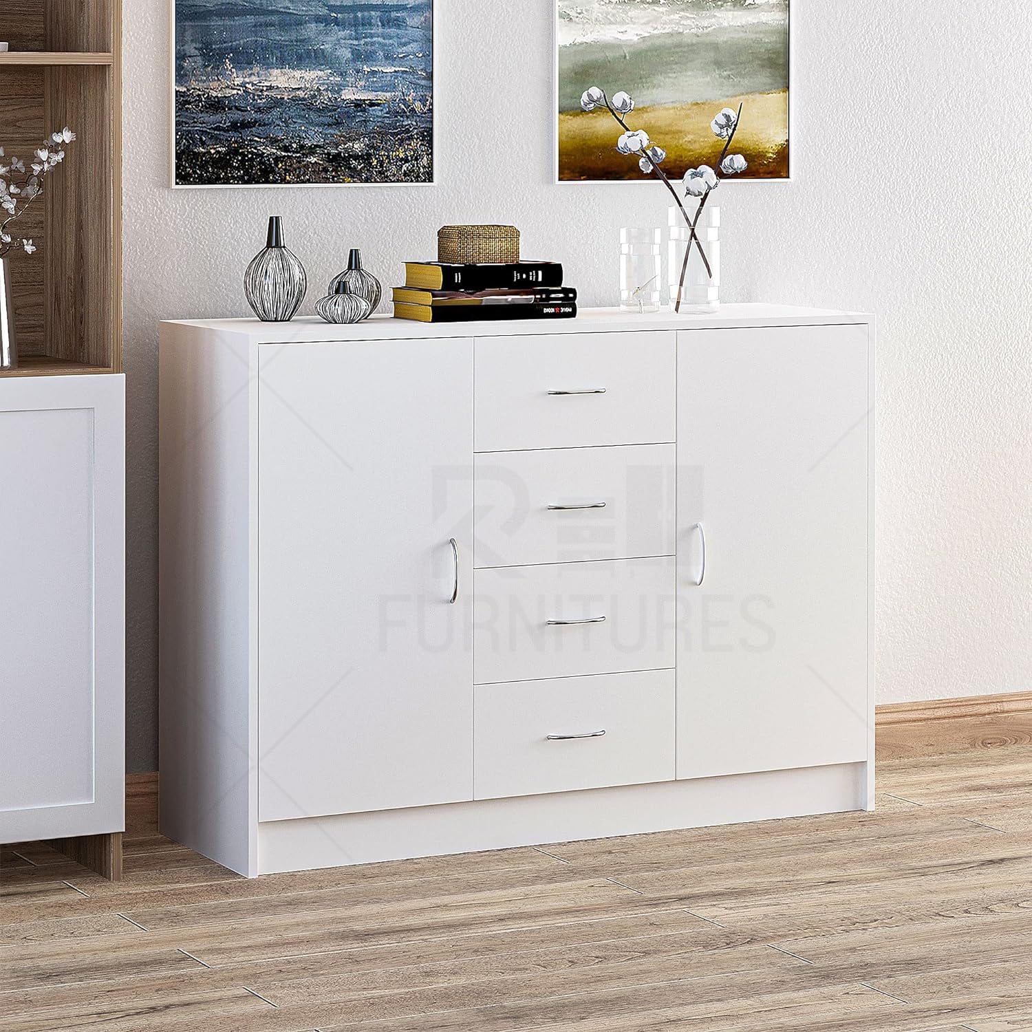 Picture of RK Sideboard, Storage Cabinet with 2 Doors and 4 Drawers, Free Standing Cupboard, Chest Organizer for Kitchen and Living Room, White-White