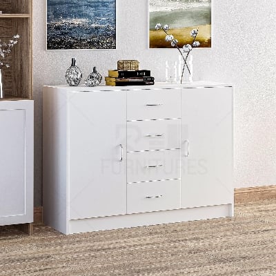 Picture of RK Sideboard, Storage Cabinet with 2 Doors and 4 Drawers, Free Standing Cupboard, Chest Organizer for Kitchen and Living Room, White-White