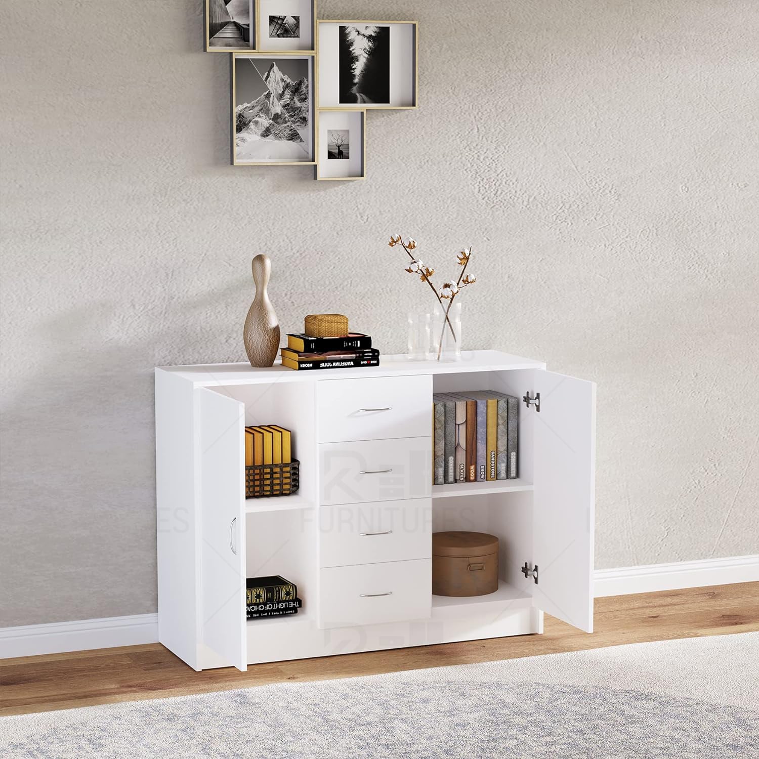 Picture of RK Sideboard, Storage Cabinet with 2 Doors and 4 Drawers, Free Standing Cupboard, Chest Organizer for Kitchen and Living Room, White-White