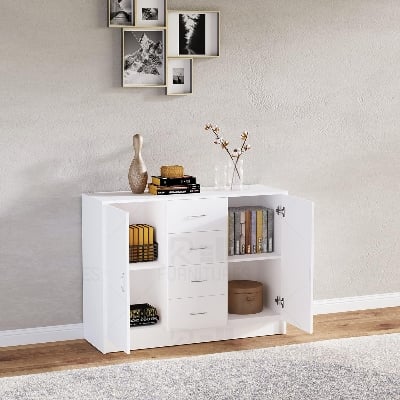 Picture of RK Sideboard, Storage Cabinet with 2 Doors and 4 Drawers, Free Standing Cupboard, Chest Organizer for Kitchen and Living Room, White-White