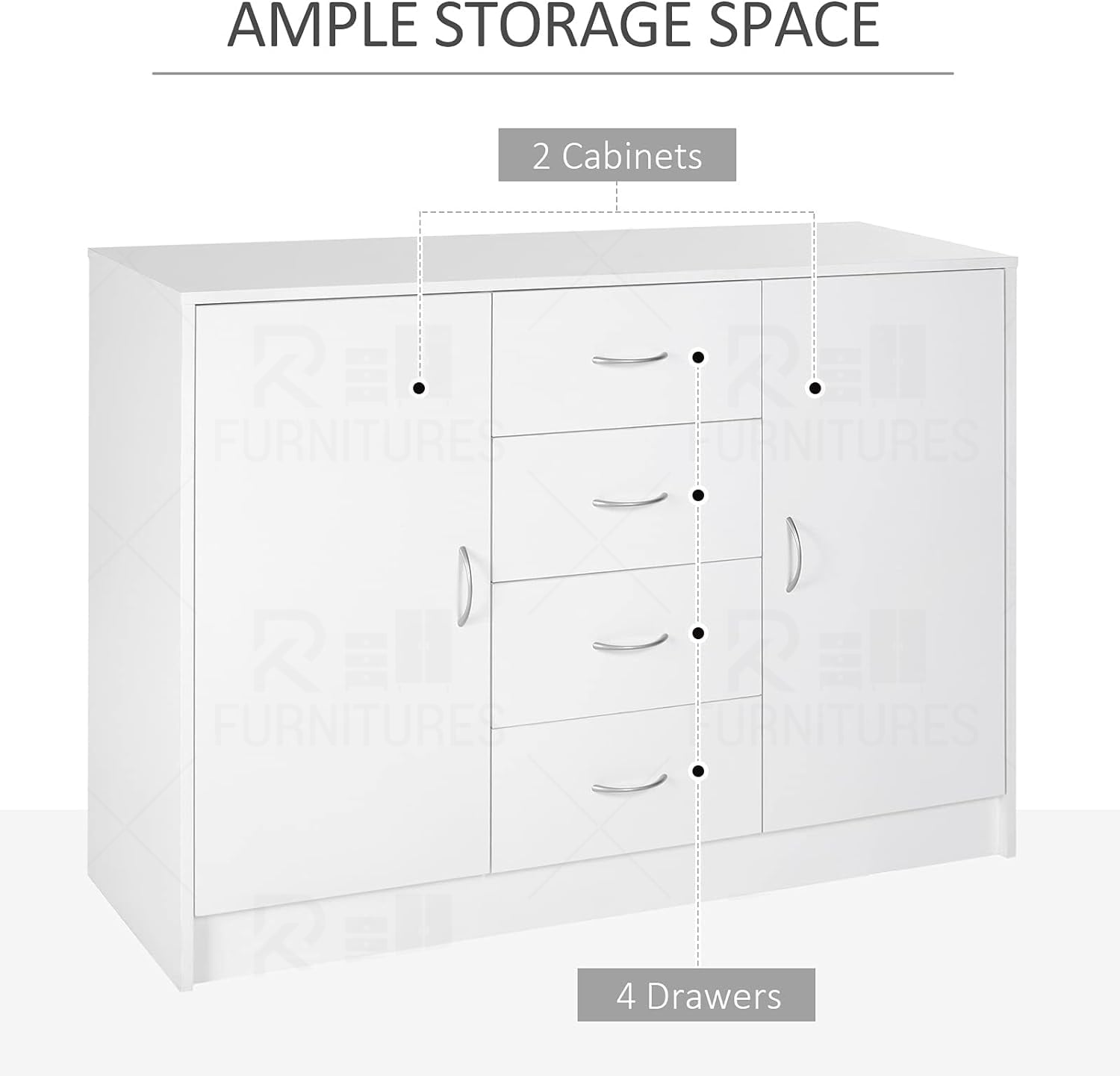 Picture of RK Sideboard, Storage Cabinet with 2 Doors and 4 Drawers, Free Standing Cupboard, Chest Organizer for Kitchen and Living Room, White-White