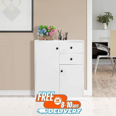 Picture of RK Kitchen Sideboard with 2 Doors and 2 Drawers, Storage Cabinet, Modern Cupboard for Kitchen, Living Room, Dining Room, 76 x 61 x 31 cm, White.-White