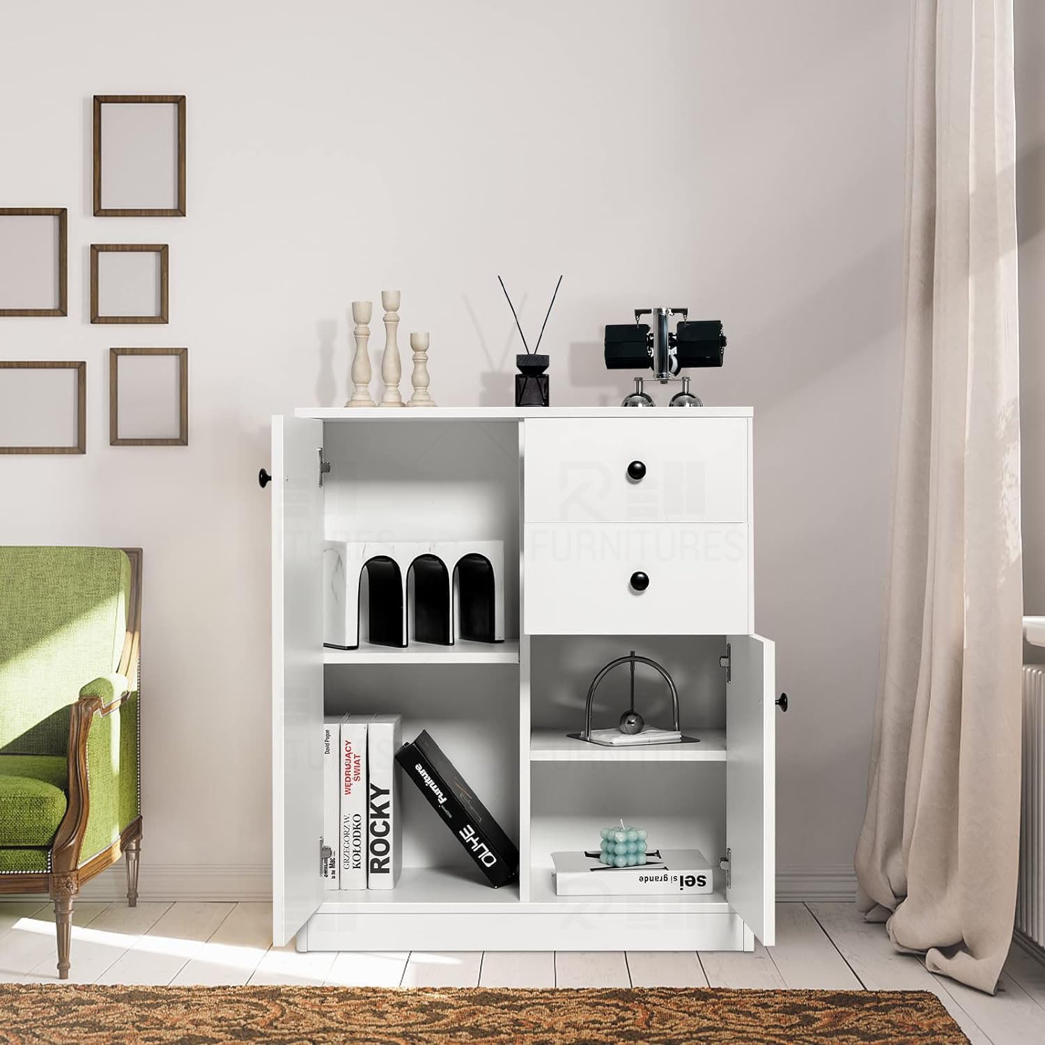 Picture of RK Kitchen Sideboard with 2 Doors and 2 Drawers, Storage Cabinet, Modern Cupboard for Kitchen, Living Room, Dining Room, 76 x 61 x 31 cm, White.-White