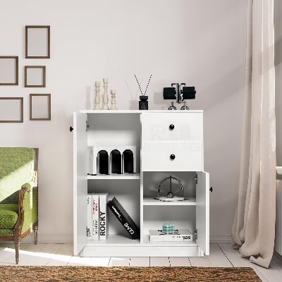 Picture of RK Kitchen Sideboard with 2 Doors and 2 Drawers, Storage Cabinet, Modern Cupboard for Kitchen, Living Room, Dining Room, 76 x 61 x 31 cm, White.-White