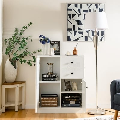 Picture of RK Kitchen Sideboard with 2 Doors and 2 Drawers, Storage Cabinet, Modern Cupboard for Kitchen, Living Room, Dining Room, 76 x 61 x 31 cm, White.-White