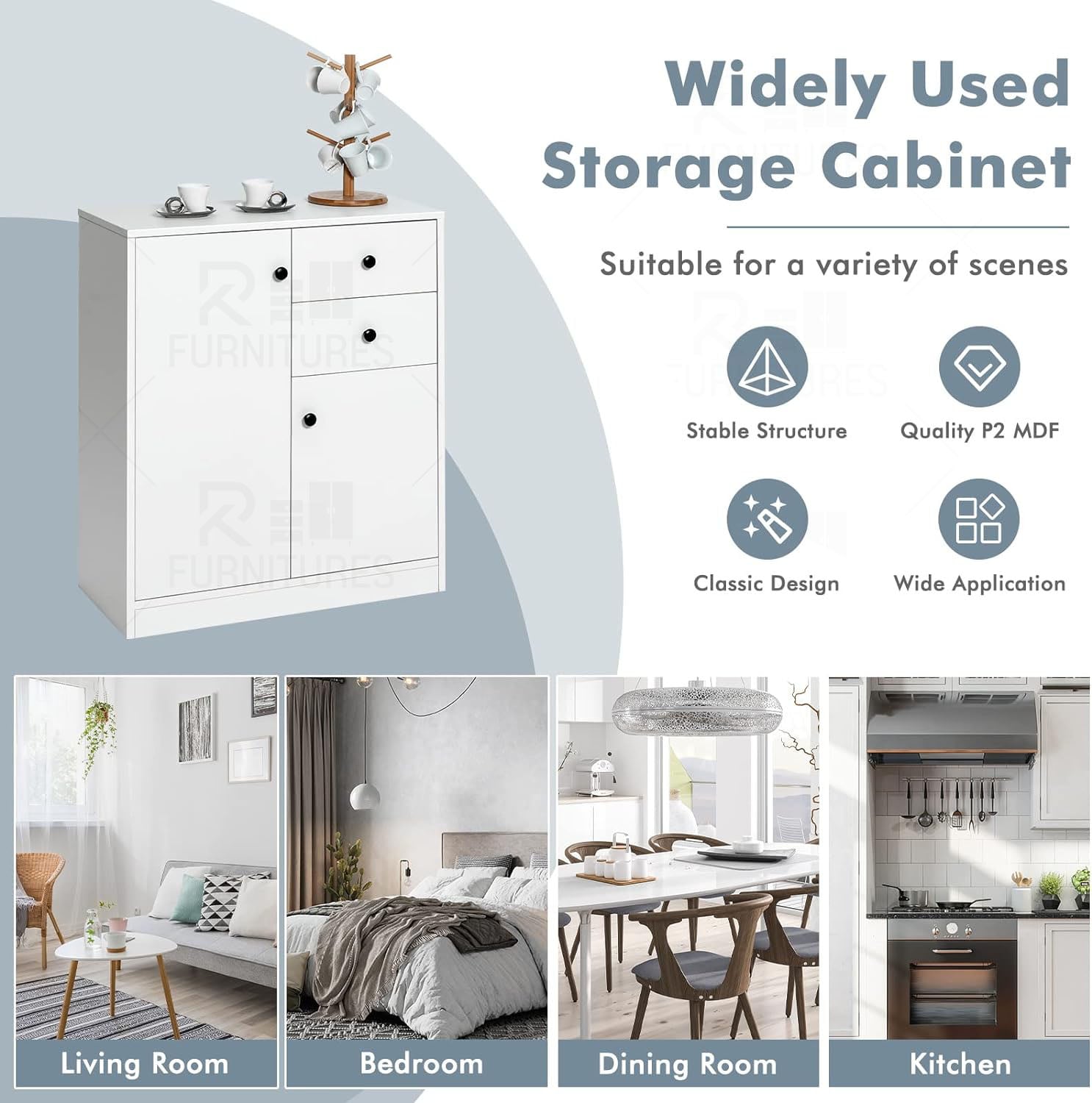 Picture of RK Kitchen Sideboard with 2 Doors and 2 Drawers, Storage Cabinet, Modern Cupboard for Kitchen, Living Room, Dining Room, 76 x 61 x 31 cm, White.-White