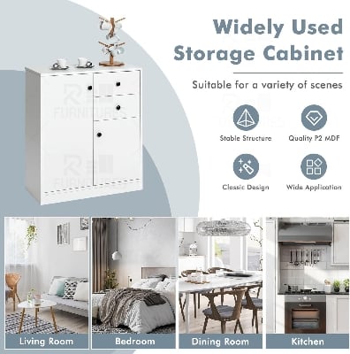 Picture of RK Kitchen Sideboard with 2 Doors and 2 Drawers, Storage Cabinet, Modern Cupboard for Kitchen, Living Room, Dining Room, 76 x 61 x 31 cm, White.-White