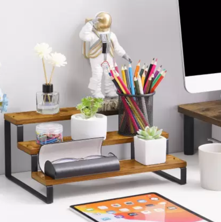 Picture of Multipurpose 3-Step Tabletop Organizer Rack - Engineered Wood Wall Shelf for Home, Kitchen, and Office-Metallic Cherry