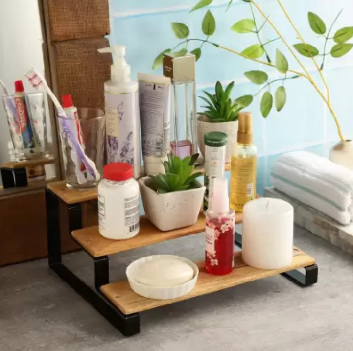Picture of Multipurpose 3-Step Tabletop Organizer Rack - Engineered Wood Wall Shelf for Home, Kitchen, and Office-Metallic Cherry