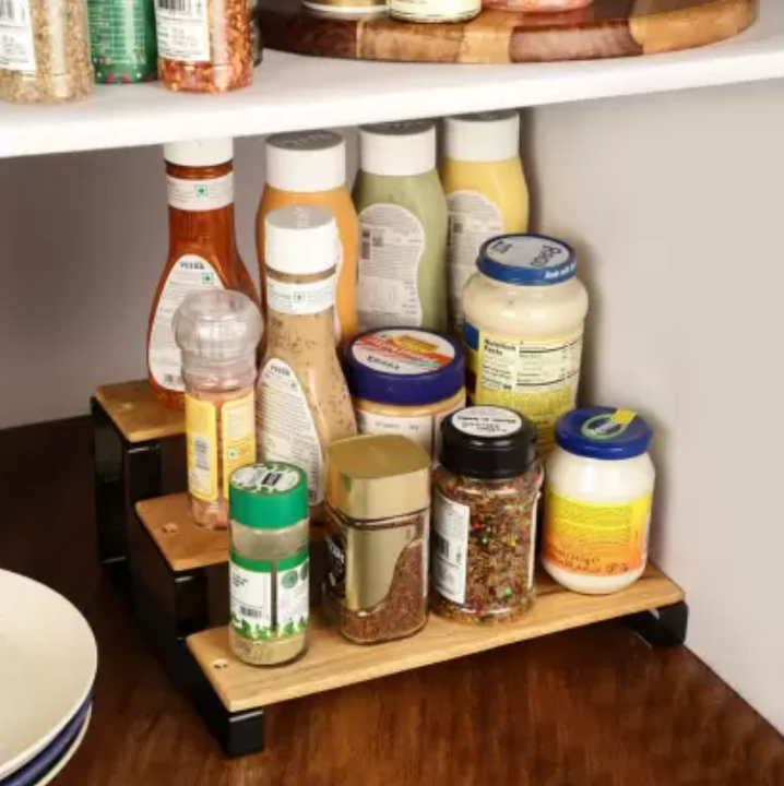 Picture of Multipurpose 3-Step Tabletop Organizer Rack - Engineered Wood Wall Shelf for Home, Kitchen, and Office-Metallic Cherry