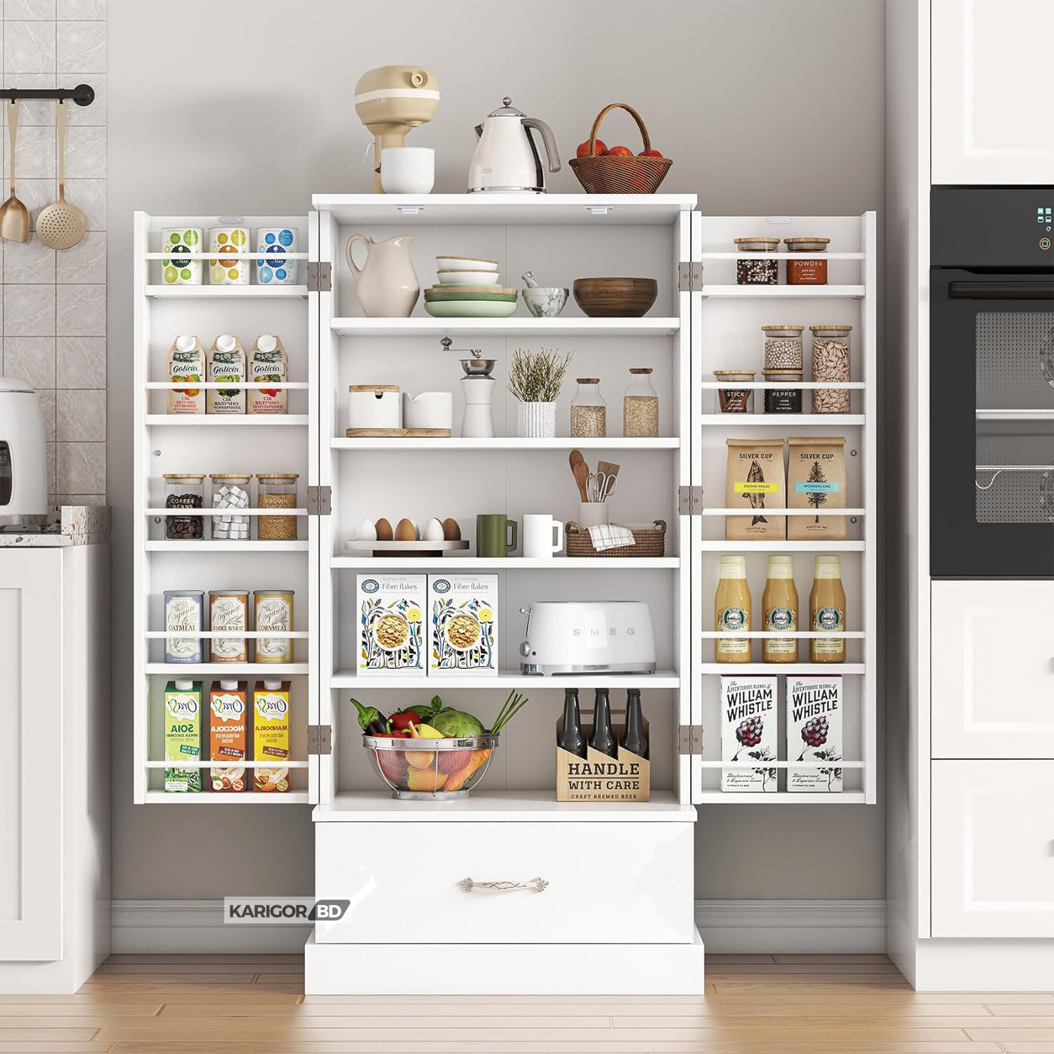 Picture of Kitchen Rack Organizer Cabinet Oven Rack Shelf Pantry Cabinet Shelve With Large Storage Drawer-White
