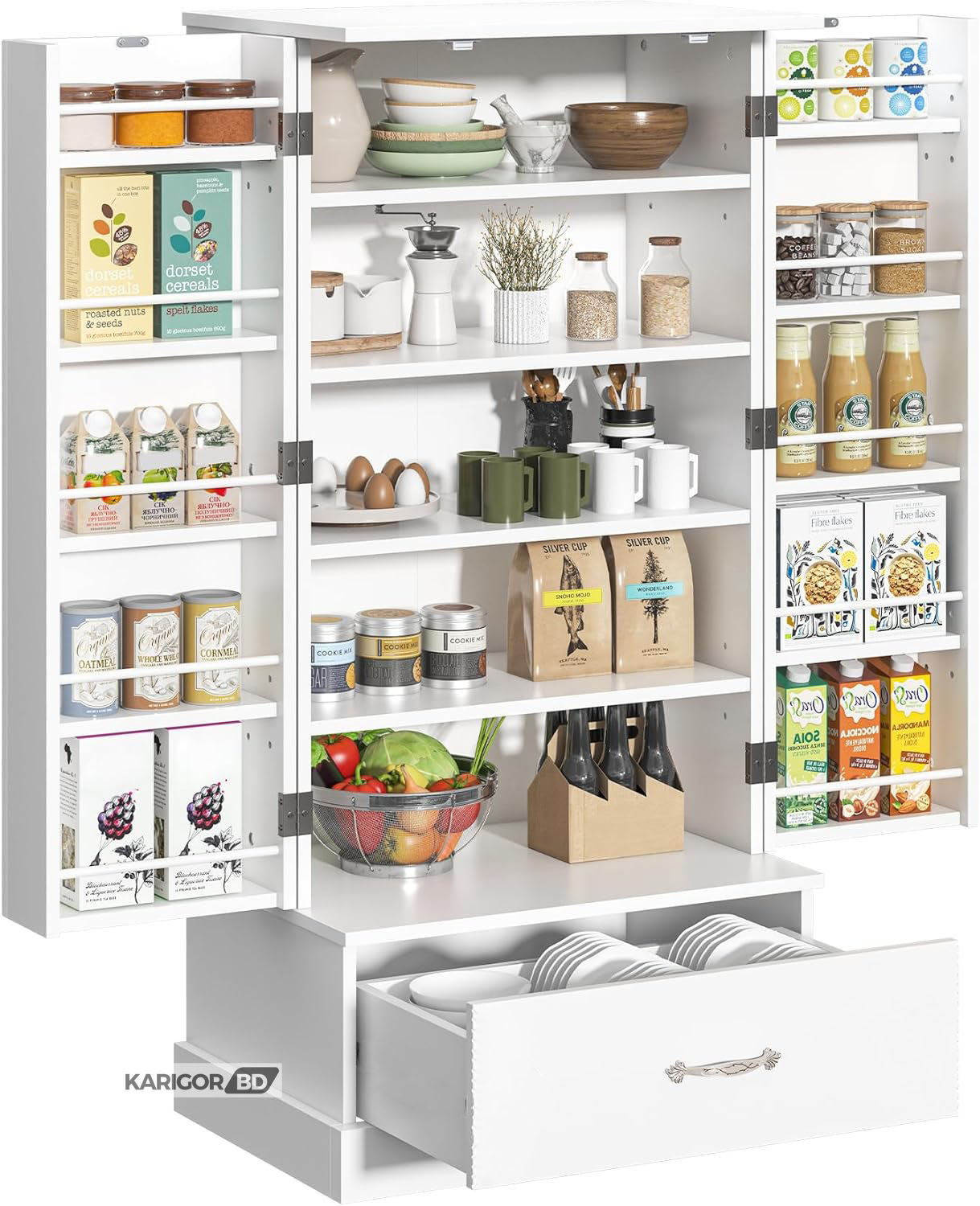 Picture of Kitchen Rack Organizer Cabinet Oven Rack Shelf Pantry Cabinet Shelve With Large Storage Drawer-White