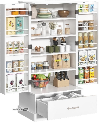 Picture of Kitchen Rack Organizer Cabinet Oven Rack Shelf Pantry Cabinet Shelve With Large Storage Drawer-White