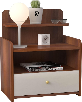 Picture of RK Nightstand, Bedside Table with Drawer and 3-Tier Open Storage Shelves, Retro Small End Table Wood Night Table for Living Room Bedroom, Home-Shan Teak