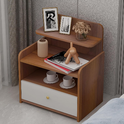 Picture of RK Nightstand, Bedside Table with Drawer and 3-Tier Open Storage Shelves, Retro Small End Table Wood Night Table for Living Room Bedroom, Home-Shan Teak
