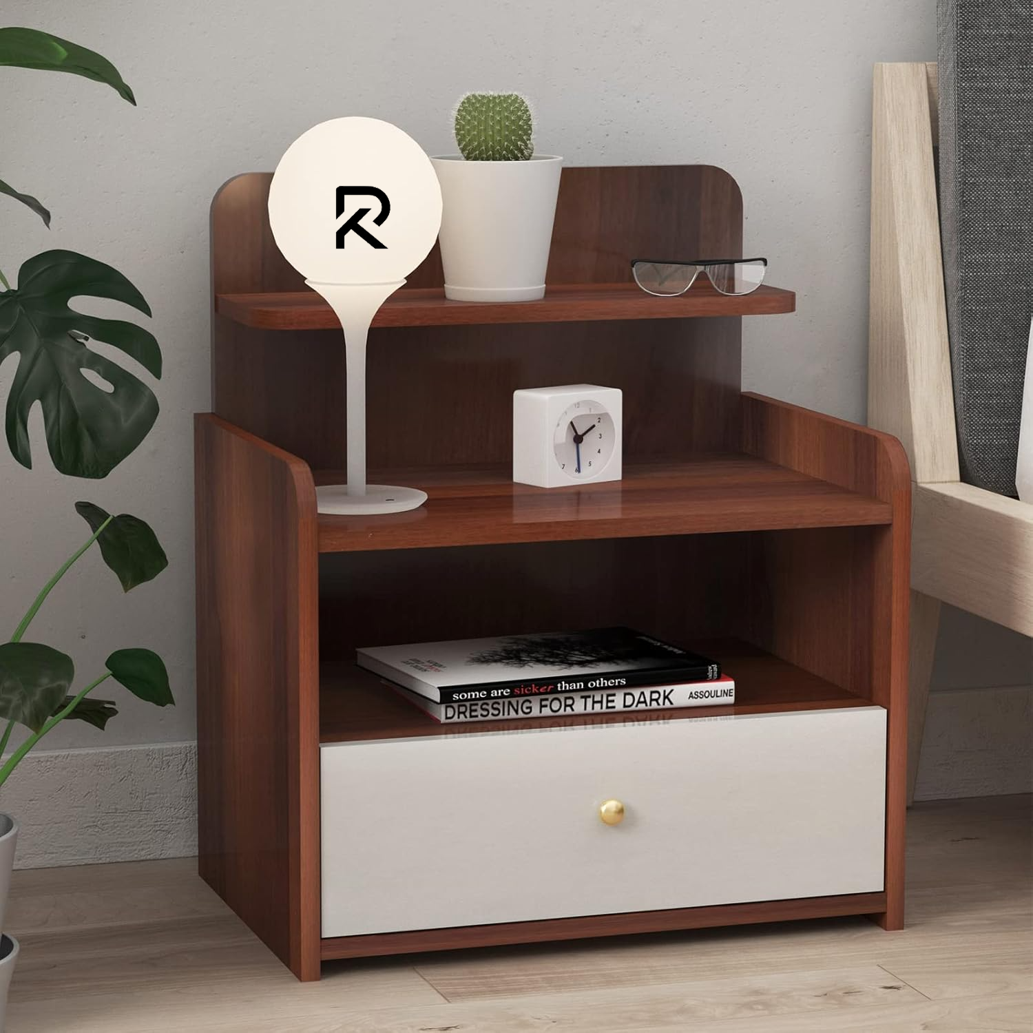 Picture of RK Nightstand, Bedside Table with Drawer and 3-Tier Open Storage Shelves, Retro Small End Table Wood Night Table for Living Room Bedroom, Home-Shan Teak