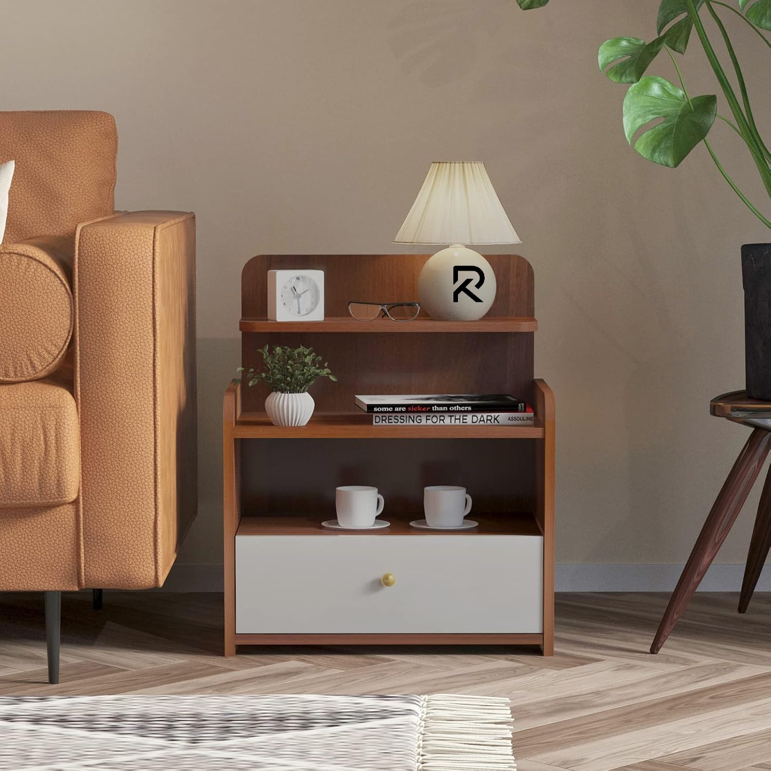 Picture of RK Nightstand, Bedside Table with Drawer and 3-Tier Open Storage Shelves, Retro Small End Table Wood Night Table for Living Room Bedroom, Home-Shan Teak