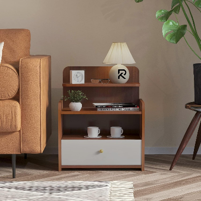 Picture of RK Nightstand, Bedside Table with Drawer and 3-Tier Open Storage Shelves, Retro Small End Table Wood Night Table for Living Room Bedroom, Home-Shan Teak
