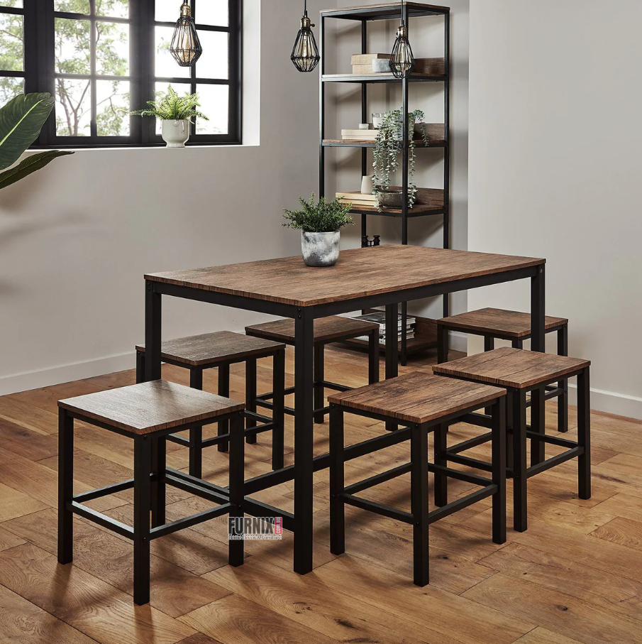Picture of 6 Seater Dining Table Set – Sheffield Stools with Metal Legs | Modern Dining Furniture-Antique