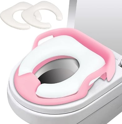 Picture of Potty Toilet Training Seat Toddler, Kids Potty Training Seat with 2 Soft Cushions & Safety Handles Backrest - Travel Portable Anti-Splash & Anti-Slip Toilet Trainer Seats for Baby Boys Girls Pink - Pink