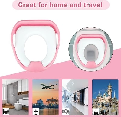 Picture of Potty Toilet Training Seat Toddler, Kids Potty Training Seat with 2 Soft Cushions & Safety Handles Backrest - Travel Portable Anti-Splash & Anti-Slip Toilet Trainer Seats for Baby Boys Girls Pink - Pink