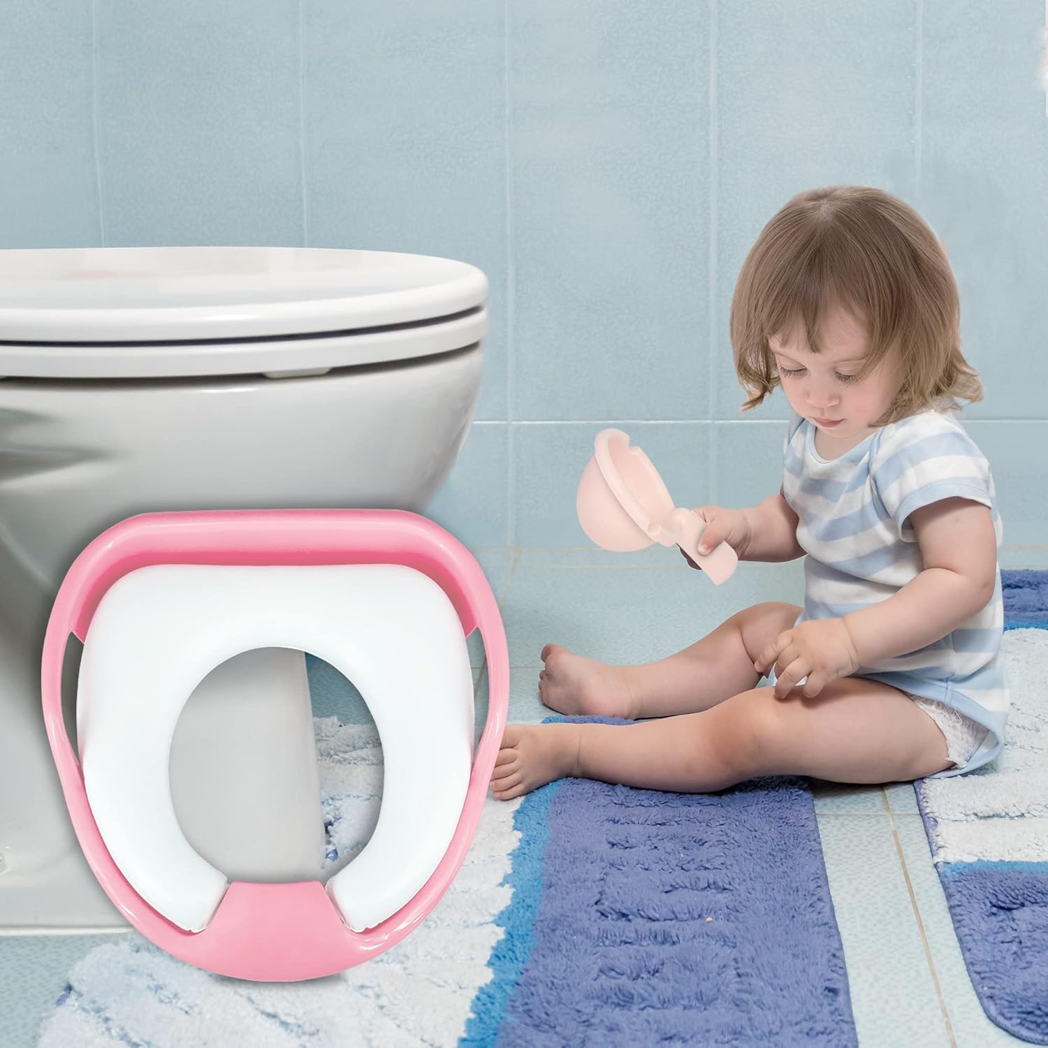 Picture of Potty Toilet Training Seat Toddler, Kids Potty Training Seat with 2 Soft Cushions & Safety Handles Backrest - Travel Portable Anti-Splash & Anti-Slip Toilet Trainer Seats for Baby Boys Girls Pink - Pink