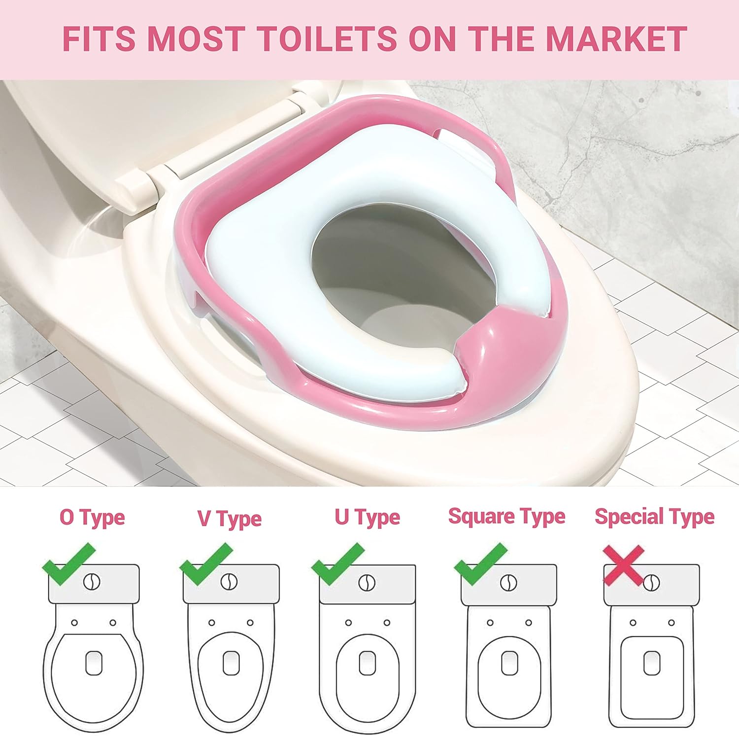 Picture of Potty Toilet Training Seat Toddler, Kids Potty Training Seat with 2 Soft Cushions & Safety Handles Backrest - Travel Portable Anti-Splash & Anti-Slip Toilet Trainer Seats for Baby Boys Girls Pink - Pink