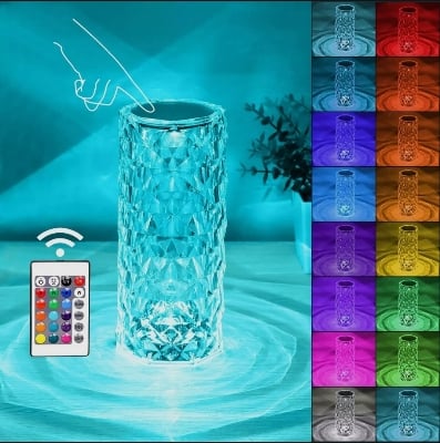 Picture of Usb Rechargeable RGB 16 Color Crystal Rose Diamond Table Lamp Acrylic Table Lamp for Living Room Bedroom with Remote - Multicolor