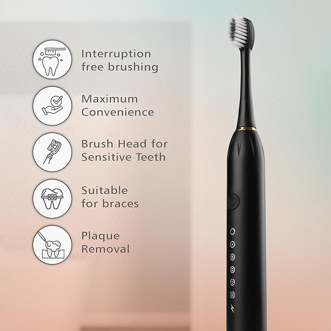 Picture of X-3 Sonic Electric Toothbrush, IPX7 Waterproof, Powerful Rechargeable with Replaceable Heads, 6 Cleaning Modes, Advanced Gum Care & Plaque Removal - Black, kid, Youth, Adults, 1 Count - Multicolor