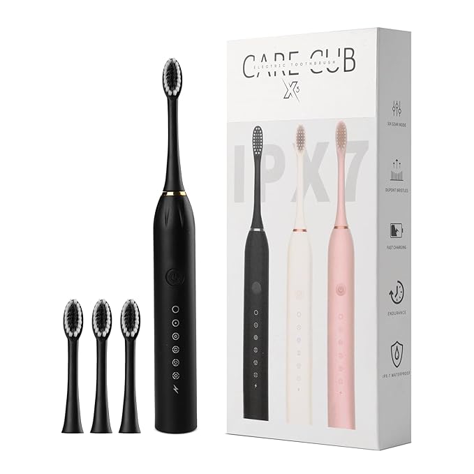 Picture of X-3 Sonic Electric Toothbrush, IPX7 Waterproof, Powerful Rechargeable with Replaceable Heads, 6 Cleaning Modes, Advanced Gum Care & Plaque Removal - Black, kid, Youth, Adults, 1 Count - Multicolor