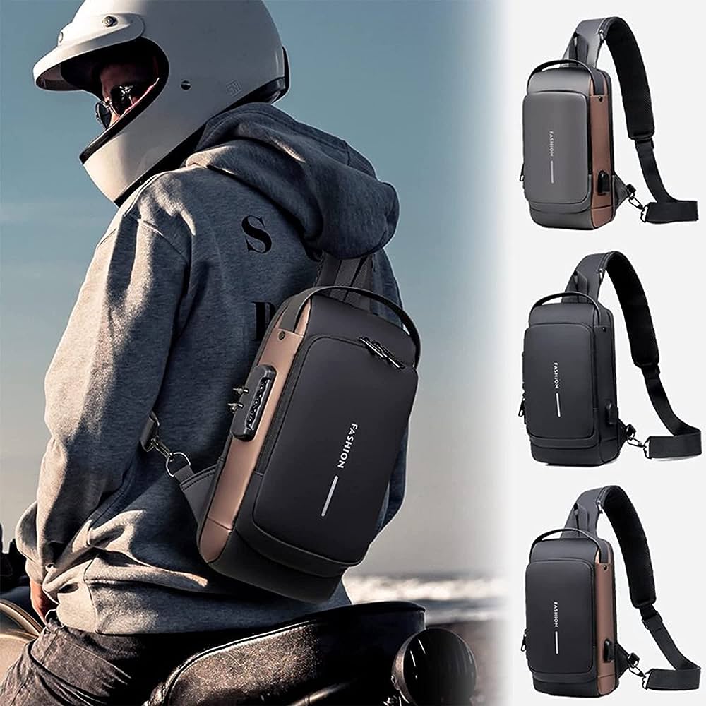 Picture of USB Charging Men Multifunction PU Chest Bag Sport Sling Bag Male Anti-theft Chest Bag with Password Lock with Adjustable Shoulder - Chocolate - Int: One size