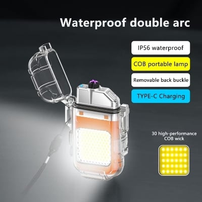Picture of Dual arc windproof waterproof rechargeable usb electric lighter with flashlight - White