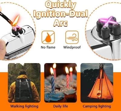 Picture of Dual arc windproof waterproof rechargeable usb electric lighter with flashlight - White
