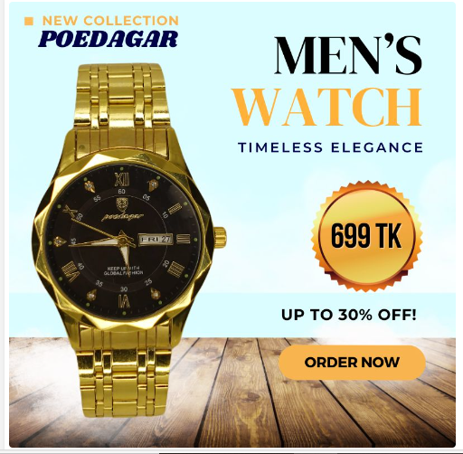 Picture of Poedagar Water Proof Watch Model-615 Color Golden+Black - Golden+Black - Int: One size