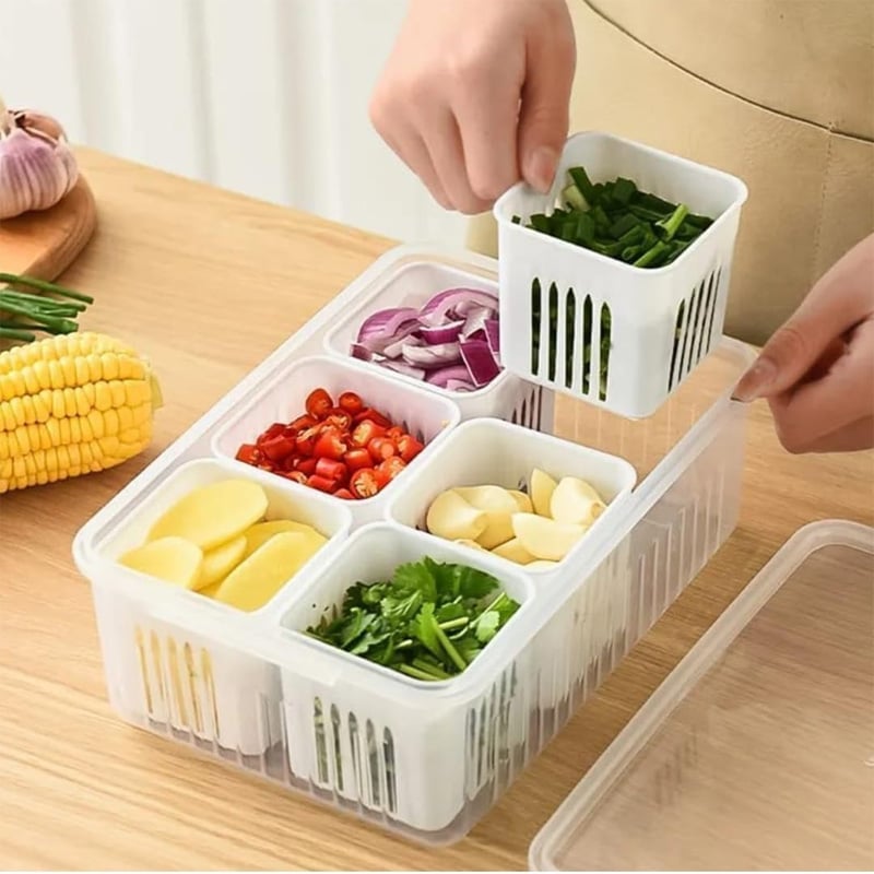 Picture of Fridge Storage Box, 6 Grid Refrigerator Storage Containers, Kitchen Storage Set, Vegetable Storage, Draining Crisper Food Box