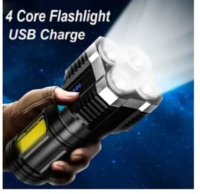 Picture of New Torch With 4 Lamp And COB Side Lights Outdoor USB Rechargeable Portable Hand Lantern Strong Light LED Flashlight Camping Torch - Black - Int: One size