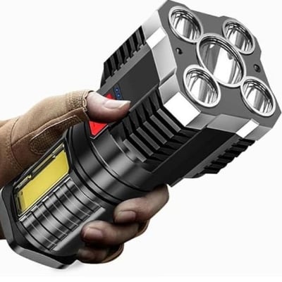 Picture of New Torch With 4 Lamp And COB Side Lights Outdoor USB Rechargeable Portable Hand Lantern Strong Light LED Flashlight Camping Torch - Black - Int: One size