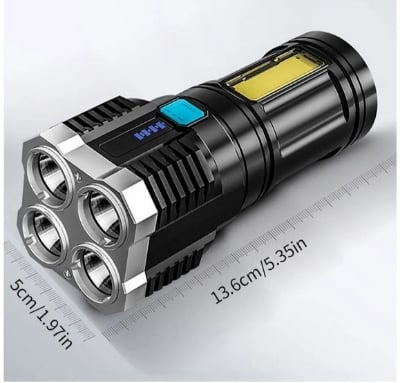 Picture of New Torch With 4 Lamp And COB Side Lights Outdoor USB Rechargeable Portable Hand Lantern Strong Light LED Flashlight Camping Torch - Black - Int: One size