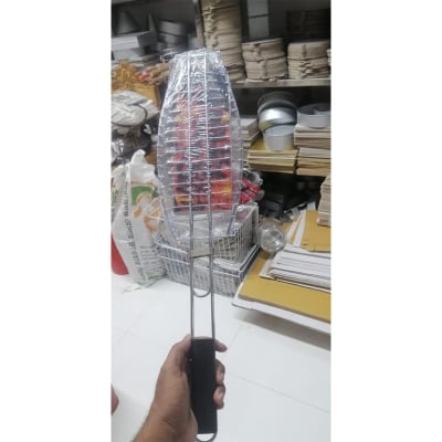 Picture of BBQ Fish Grill Net Basket Silver Table Grill (BIG SIZE stainless steel handle type Fish Basket Holder