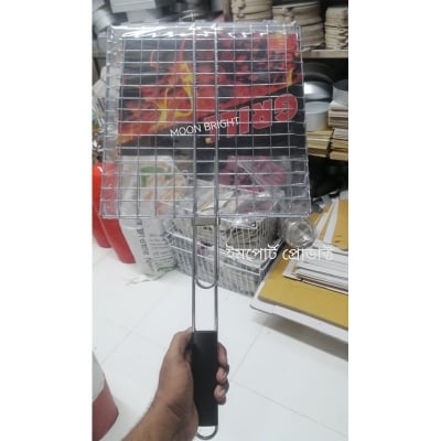 Picture of BBQ Grill Net With Handle Steel Outdoor Camping Grill BBQ Mesh Net Tongs Clip Barbecue