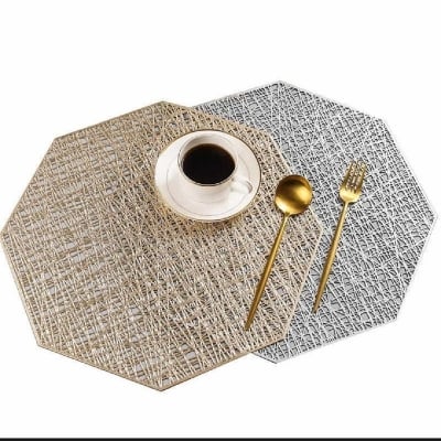 Picture of 6 pcs PVC Geometric Gold Silver Hollow Placemat / Cup Mat Home Decoration Kitchen Tool For Dining Table Bowl Plate