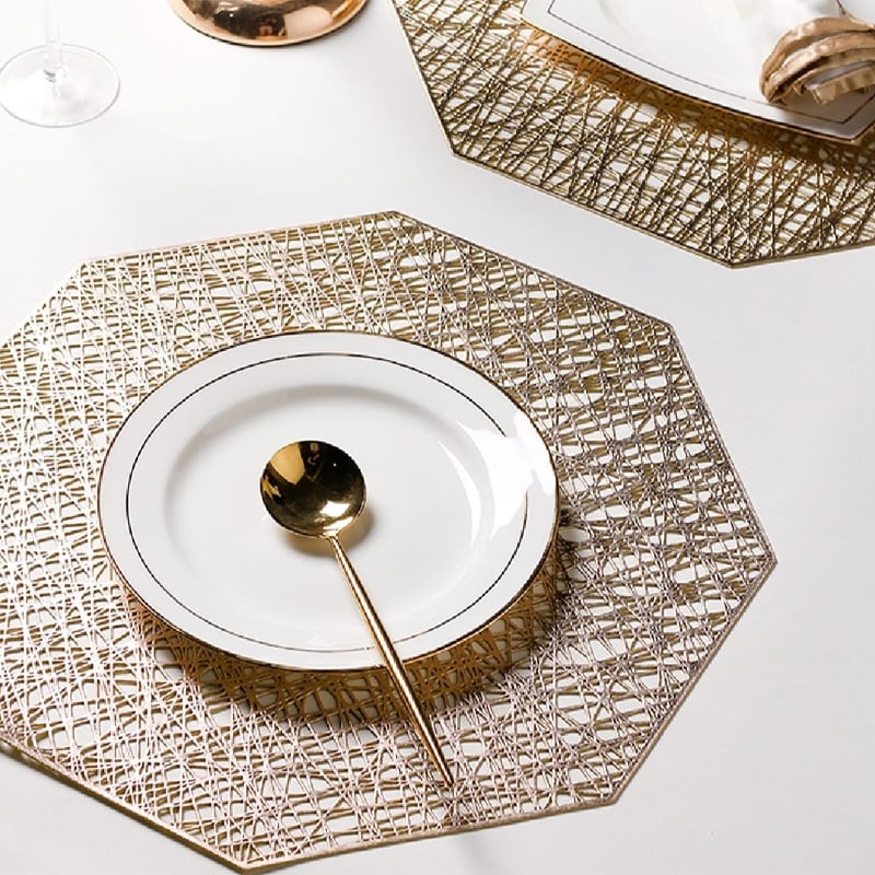 Picture of 6 pcs PVC Geometric Gold Silver Hollow Placemat / Cup Mat Home Decoration Kitchen Tool For Dining Table Bowl Plate