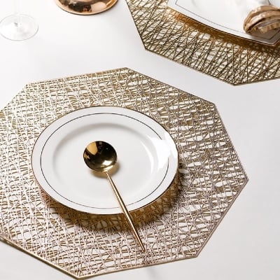 Picture of 6 pcs PVC Geometric Gold Silver Hollow Placemat / Cup Mat Home Decoration Kitchen Tool For Dining Table Bowl Plate